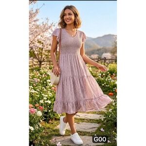 Orange Creek 3X Pink Floral Smocked Tiered Midi Dress Flutter Sleeve Cottagecore